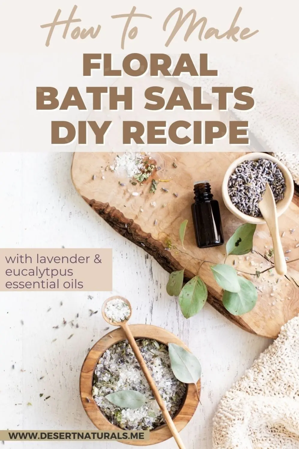 bowls of homemade bath salts with a bottle of essential oil and dried florals