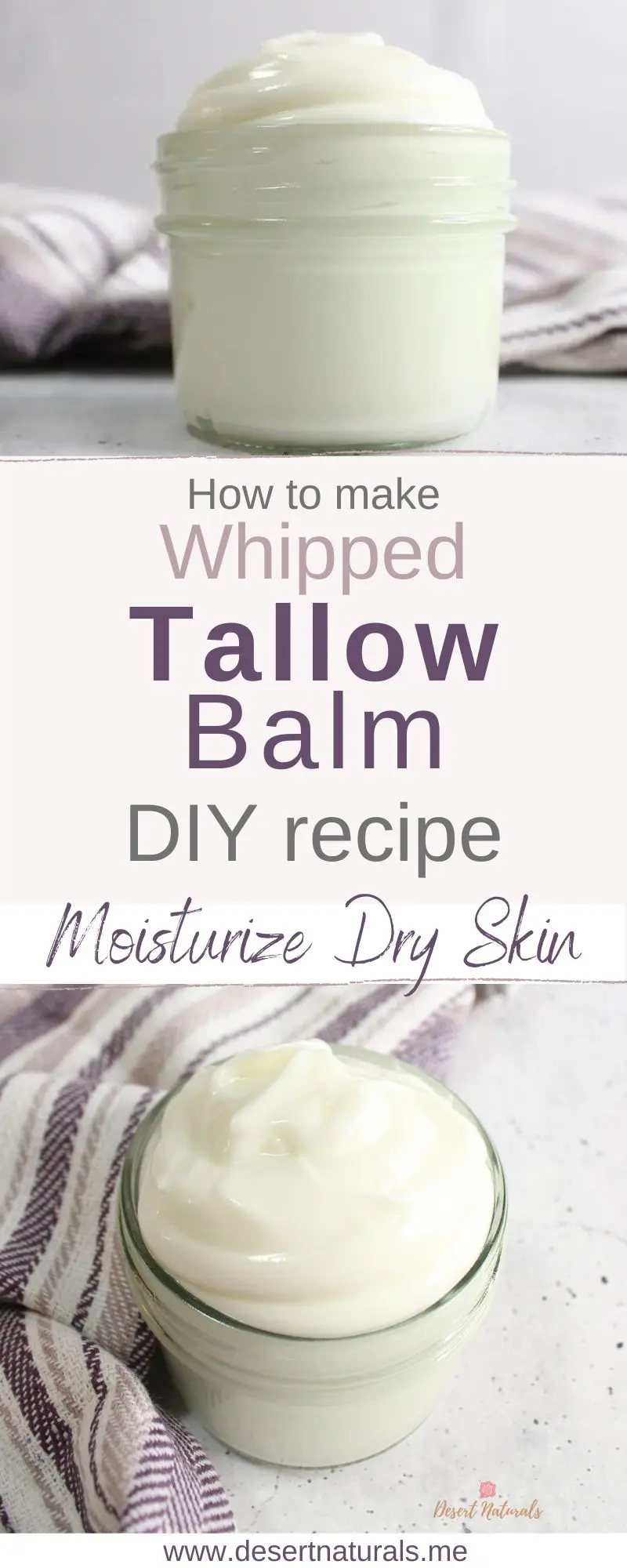 collage of photos of homemade tallow balm with text: how to make whipped tallow balm diy recipe moisturize dry skin