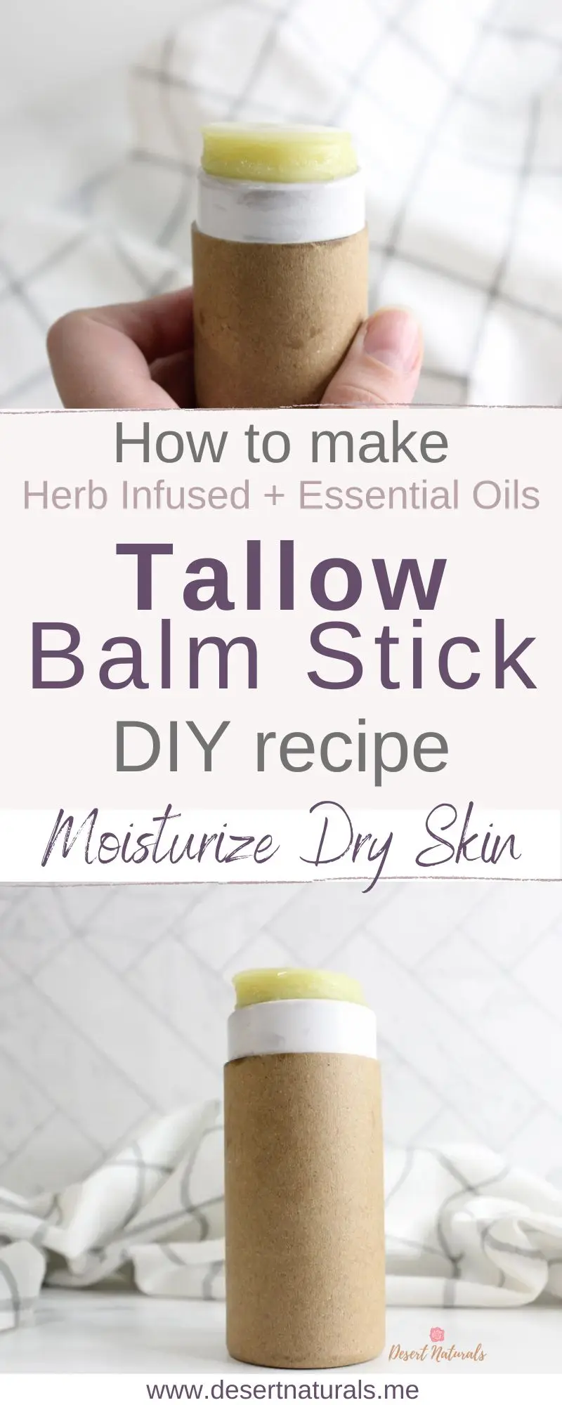 collage of homemade beef tallow stick from a diy recipe that is herb infused and has essential oils to moisturize dry skin