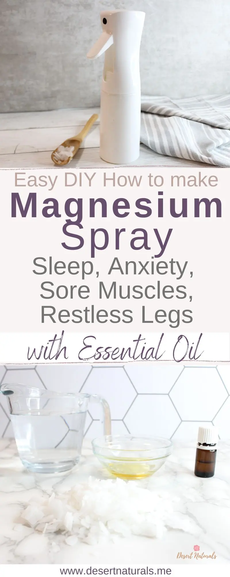 diy magnesium spray with bowls of ingredients needed to make the homemade spray including essential oil