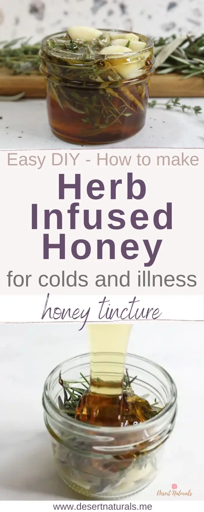 photo of jar of herb infused honey tincture for colds. easy diy recipe