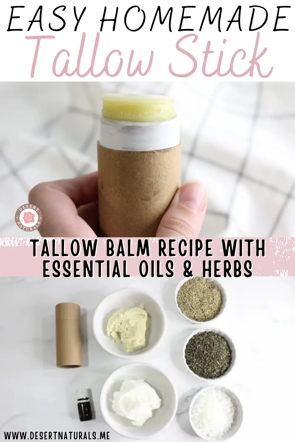 hand holding a homemade beef tallow balm stick with bowls of butters, herbs and essential oils to make the tallow balm stick