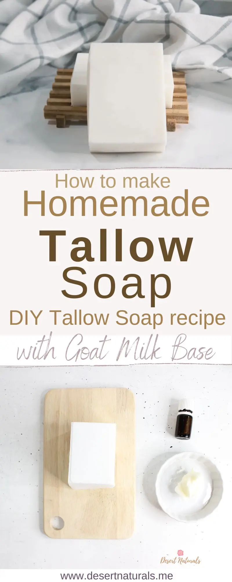 bars of homemade tallow soap on a wooden base from a diy tallow soap recipe with goat milk melt and pour base