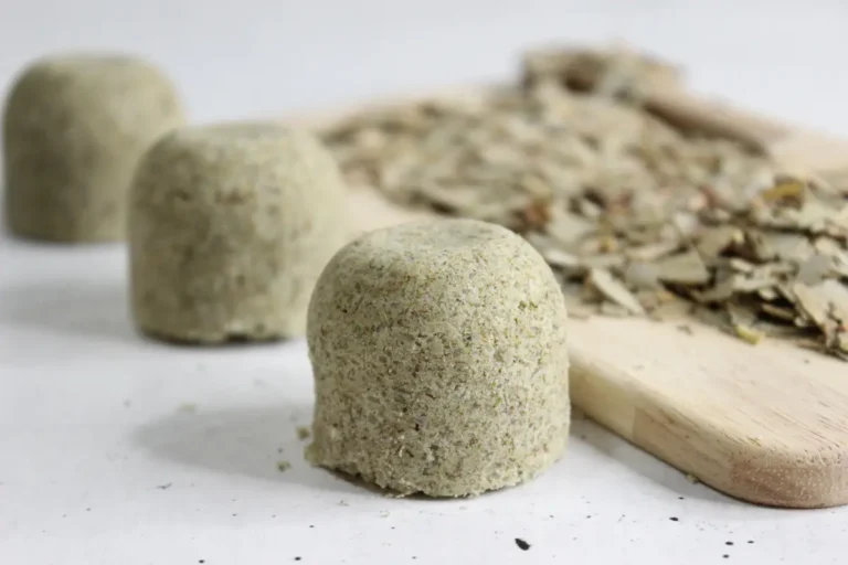 homemade eucalyptus shower steamers with dried eucalyptus on wood