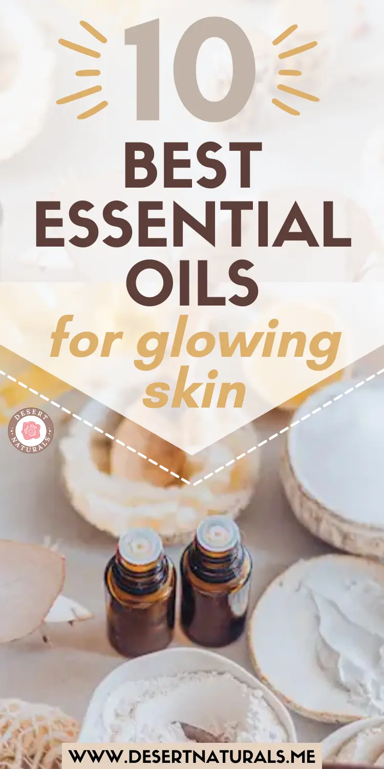bottles of essential oil for skin care and bowls of lotions and creams