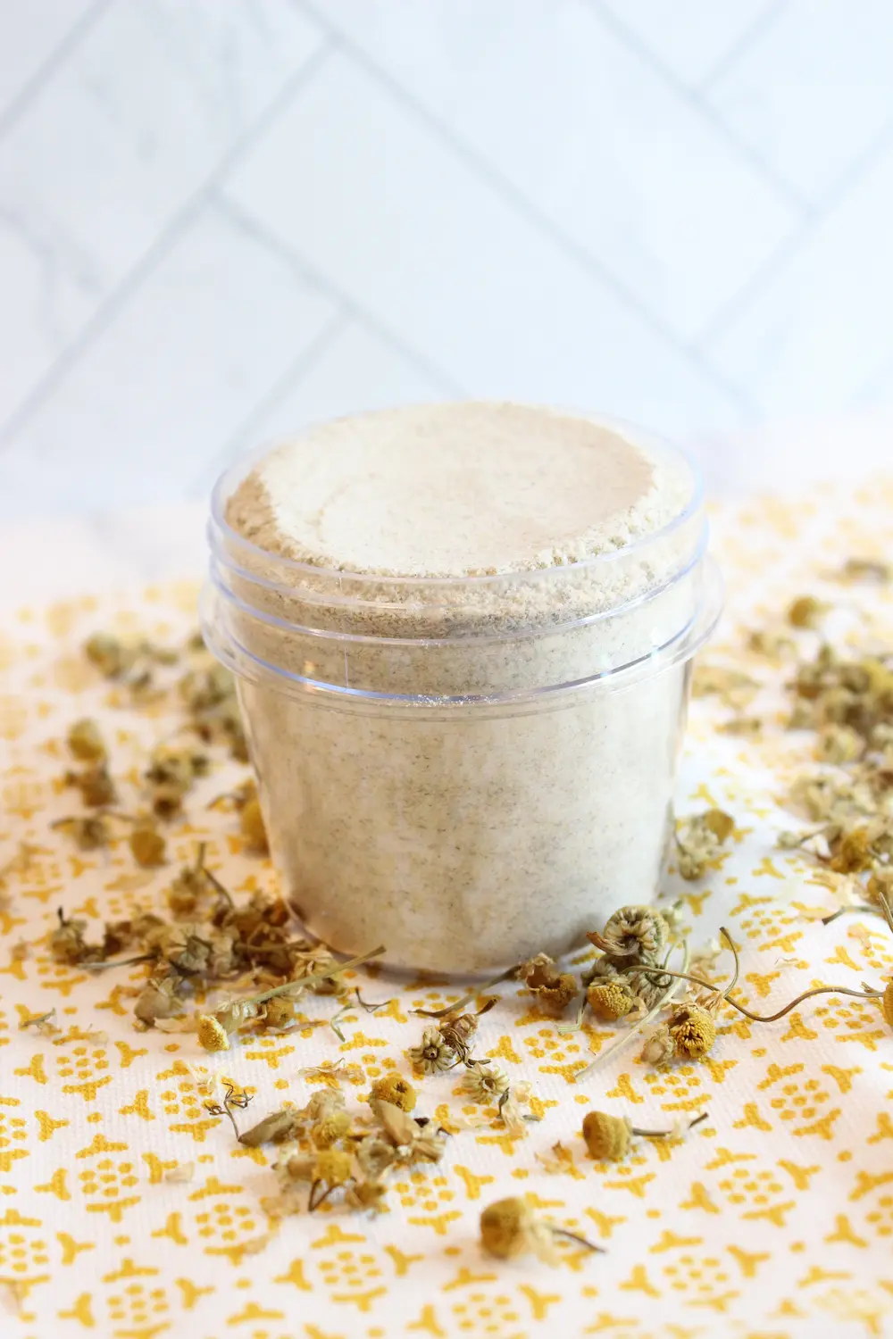 jar of homemade chamomile bath salts
