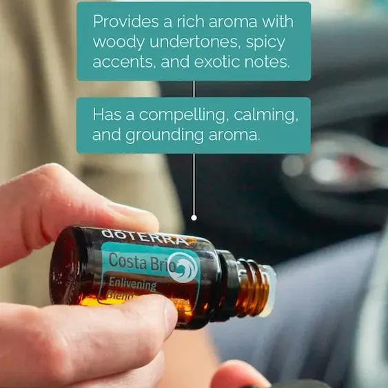 bottle of doterra costa brio essential oil with a car clip diffuser