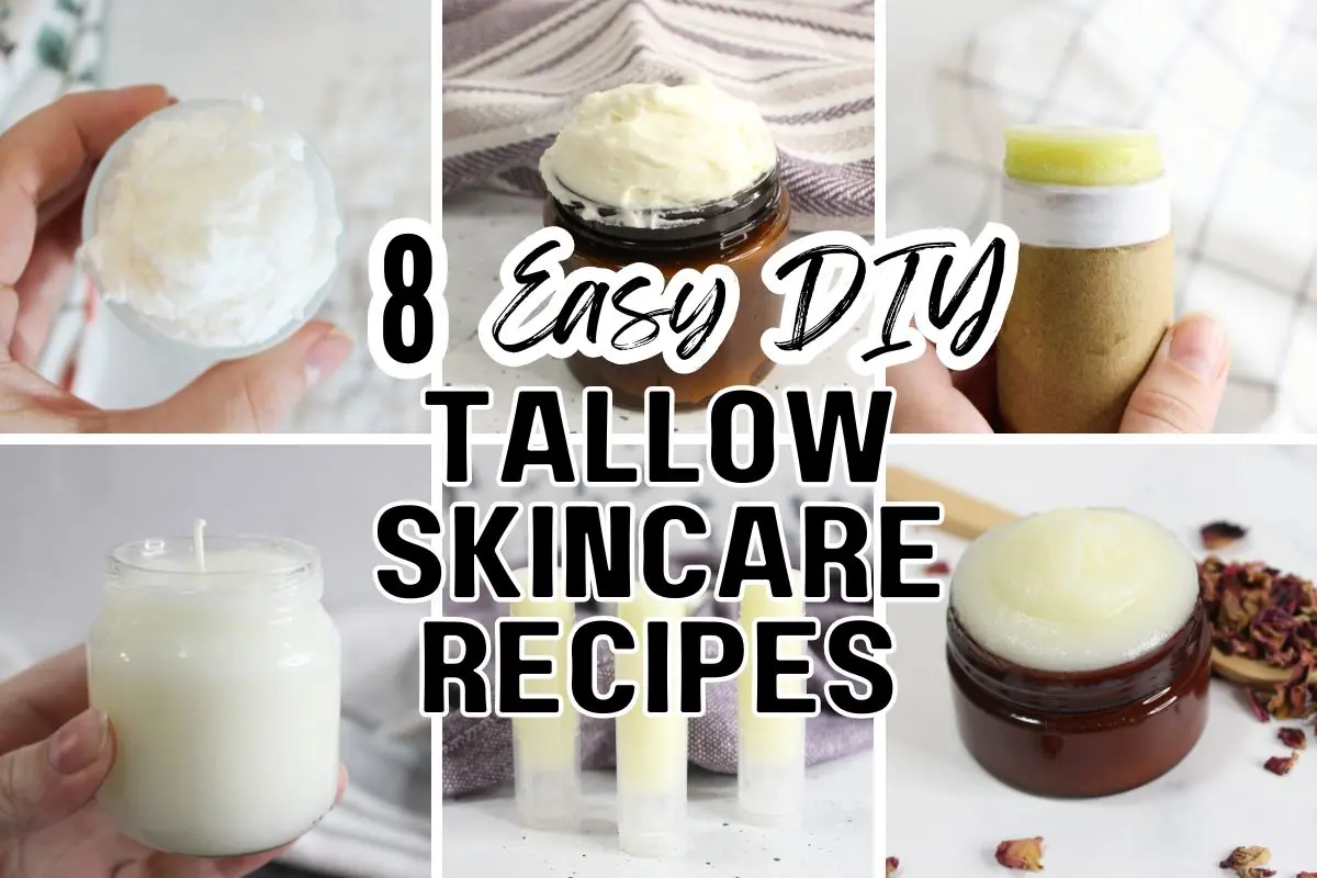 8 Tallow Recipes For Skin Care 6 collage of diy tallow skincare recipes with text overalay