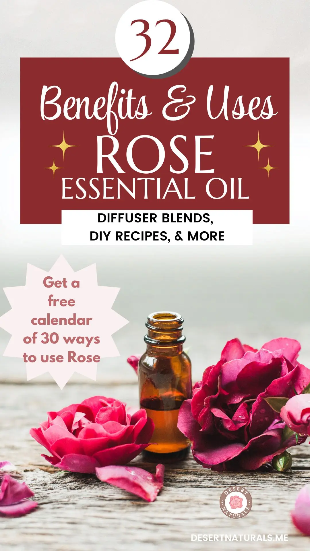 bottle of essential oil surrounded by roses