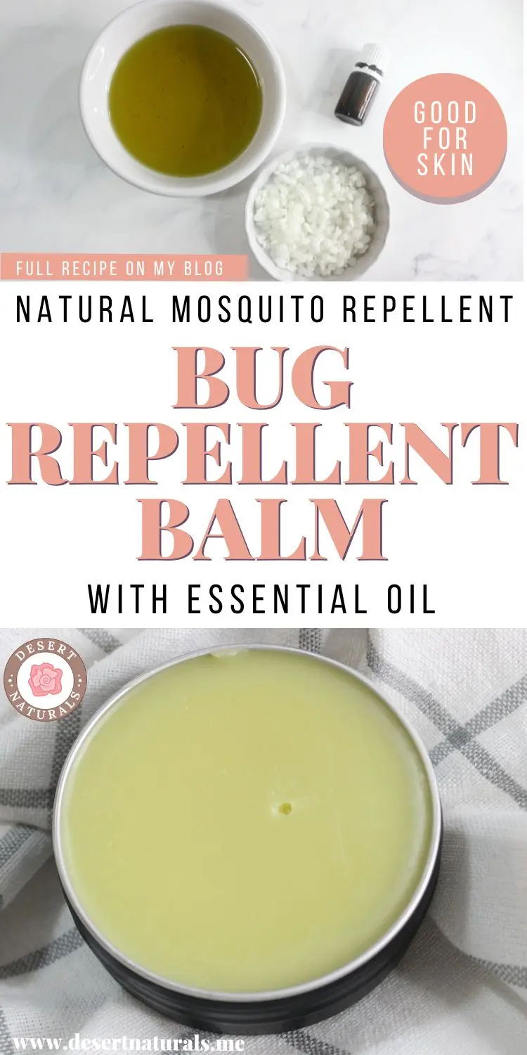 collage of tin of homemade mosquito bug repellent balm and bowls of ingredients to DIY