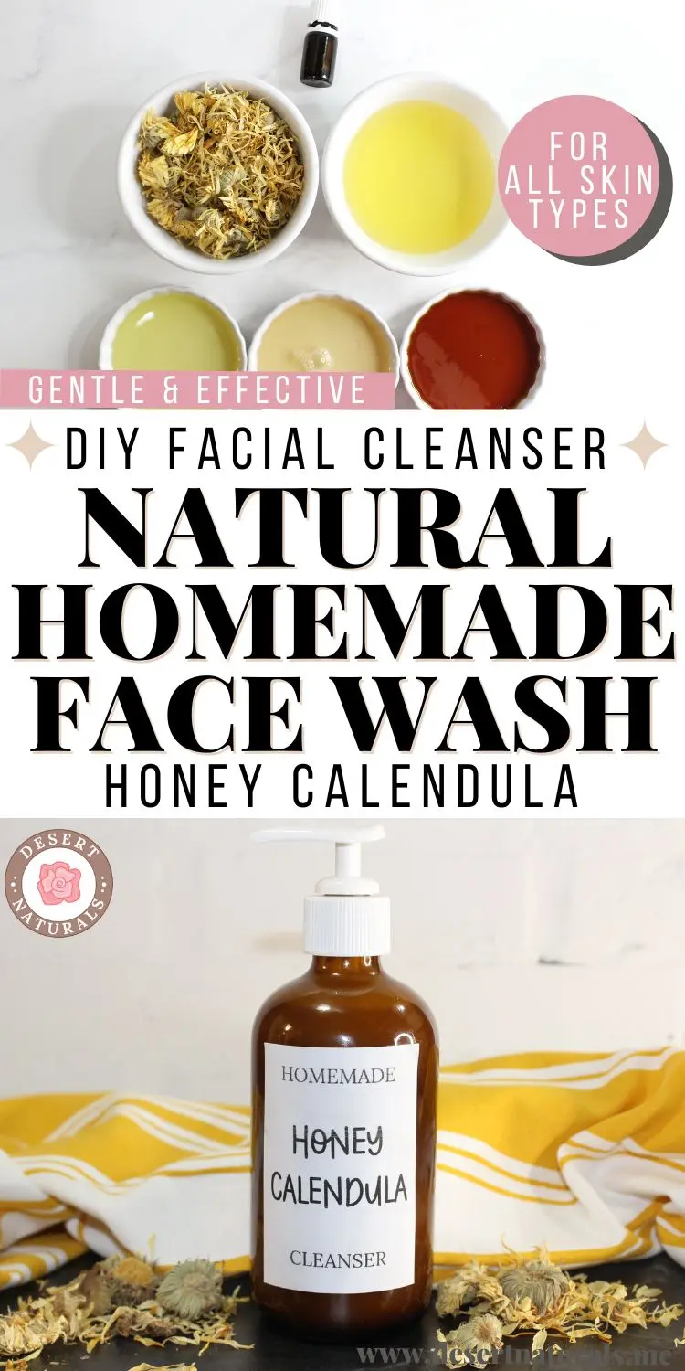 collage of bowls of ingredients, essential oil and bottle of homemade honey calendula face wash