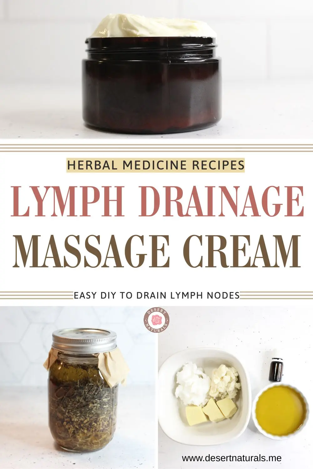 collage of herbs, natural butters, essential oil and jar of homemade lymph drainage massage cream