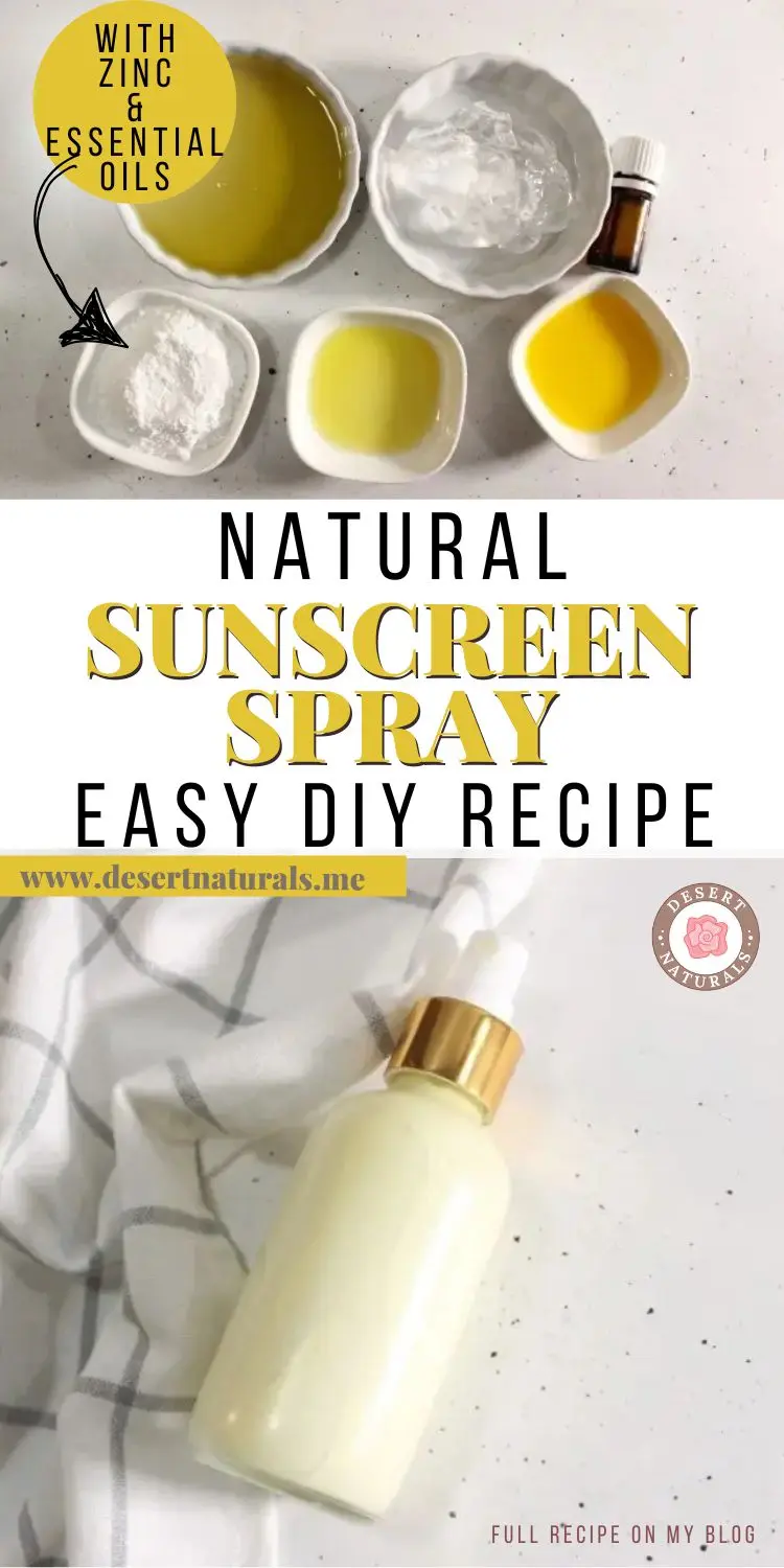 collage of bowls of zinc oxide, oils and essential oil and a bottle of homemade diy sunscreen spray