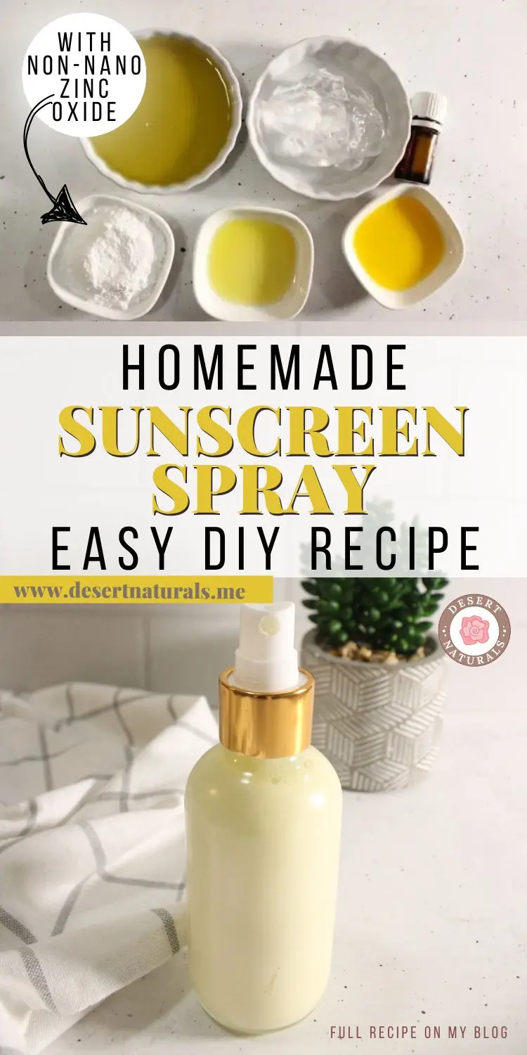 bottle of homemade sunscreen spray with bowls of oils, zinc, aloe and essential oil