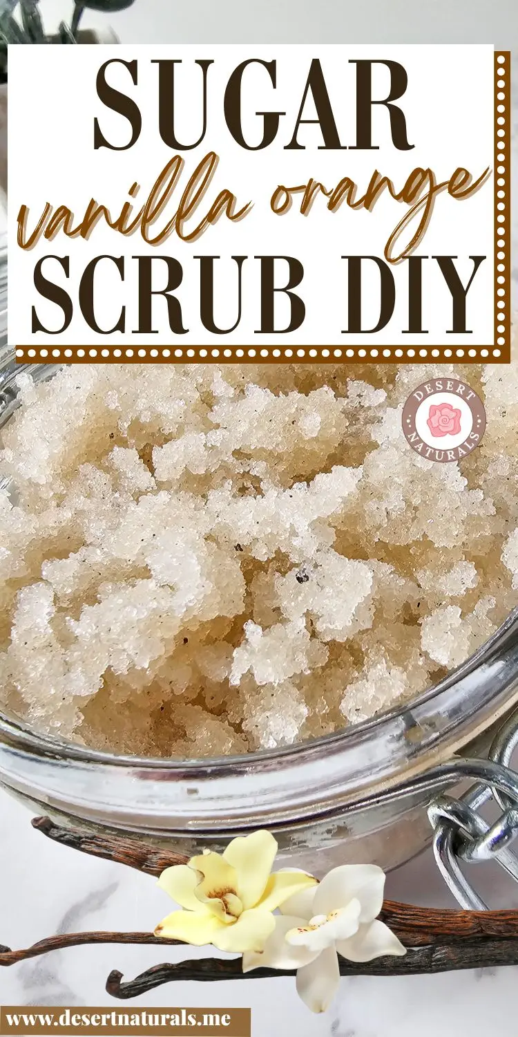 jar of homemade vanilla orange sugar scrub and a vanilla bean