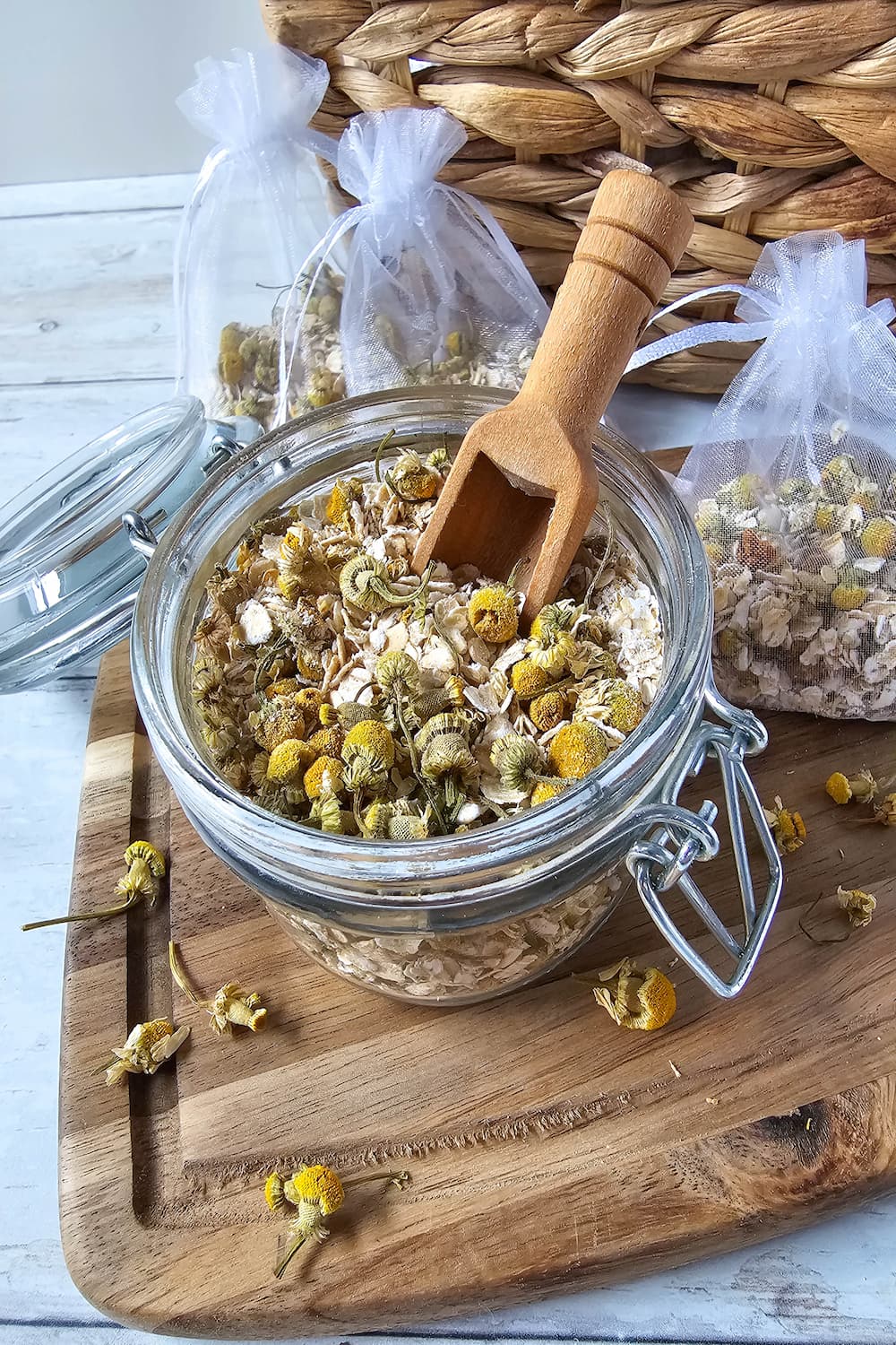 jar of homemade oatmeal chamomile bath tea