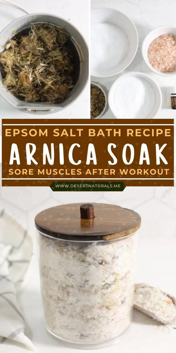 jar of homemade arnica bath salts with collage of bowls of ingredients