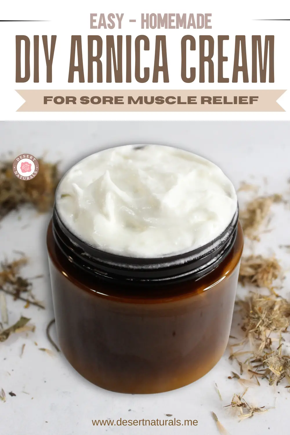 jar of homemade arnica cream for pain relief with dried arnica flowers
