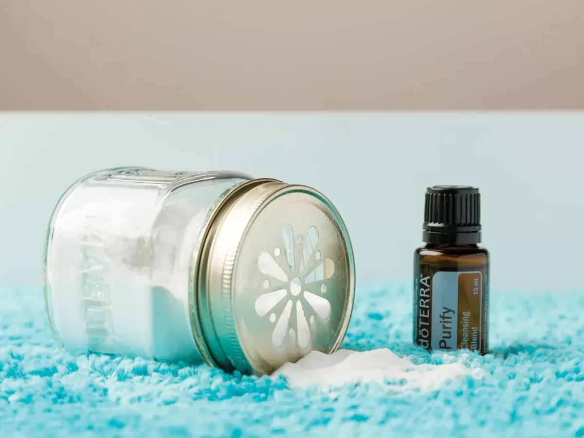 DIY Homemade Carpet Powder Cleaner 18 jar of homemade carpet deodorizer with bottle of doterra purify essential oil