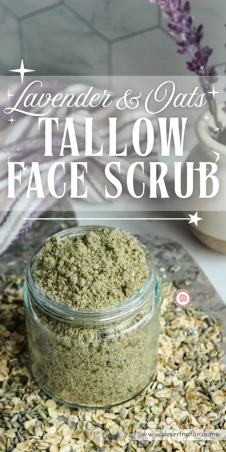 Lavender Tallow Oatmeal Face Scrub Recipe 27 jar of homemade lavender tallow face scrub on a tray with oats scattered around